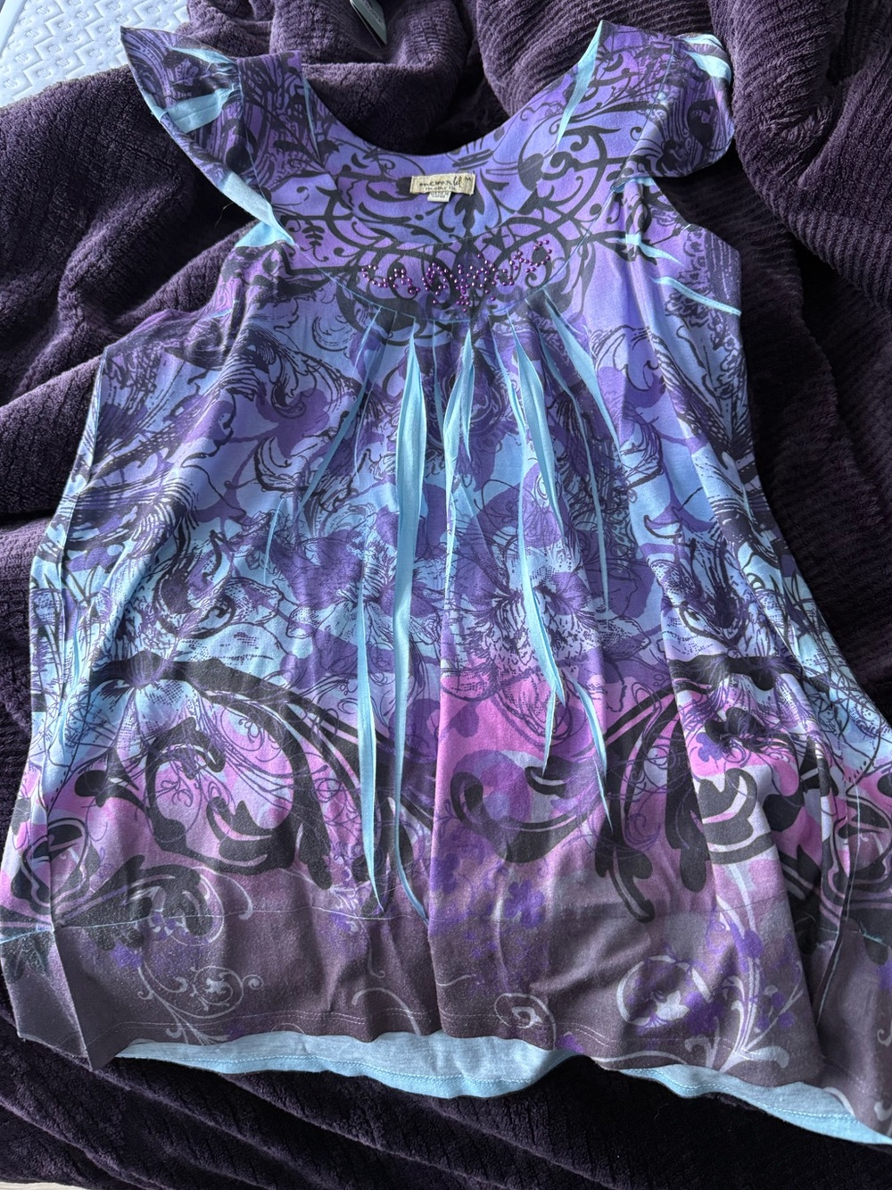 ONE WORLD Purple & Teal Butterfly Print Flutter Tank Top